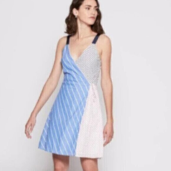 Joie Editha Women's Plunged V Neck Sleeveless Fit & Flare Stripe Wrap Mini Dress - Picture 1 of 14